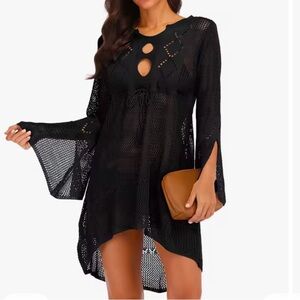 Sexy Black Crochet Knit Beach Swimsuit Cover Dress / Size medium